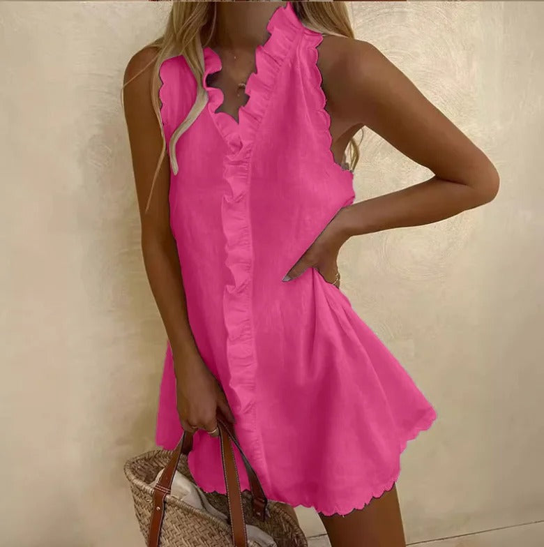 Women's White V-Neck Ruffle Cotton Linen Mini Dress