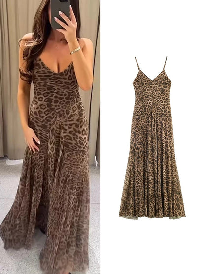 Women's Leopard Print Backless Maxi Dress
