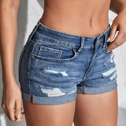 Women's Mid-Waist Distressed Denim Shorts