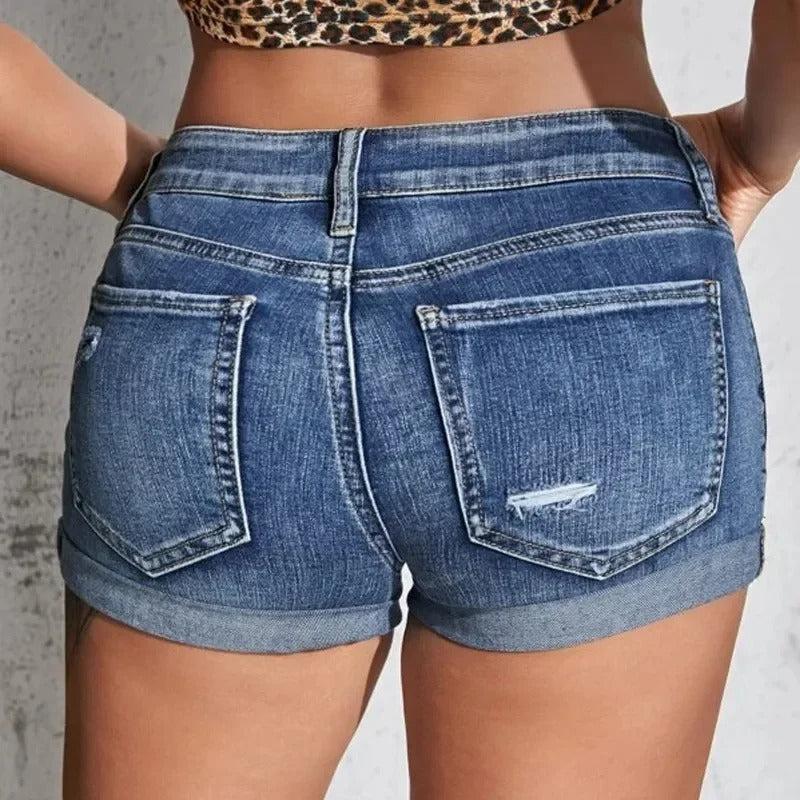 Women's Mid-Waist Distressed Denim Shorts