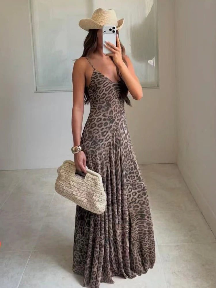 Women's Leopard Print Backless Maxi Dress