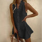 Women's White V-Neck Ruffle Cotton Linen Mini Dress