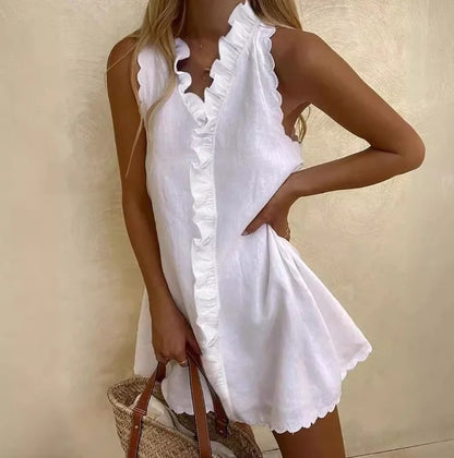 Women's White V-Neck Ruffle Cotton Linen Mini Dress