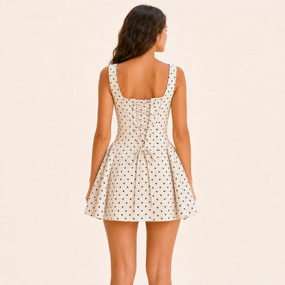 Women's Polka Dot Square Neck Lace-Up Mini Dress