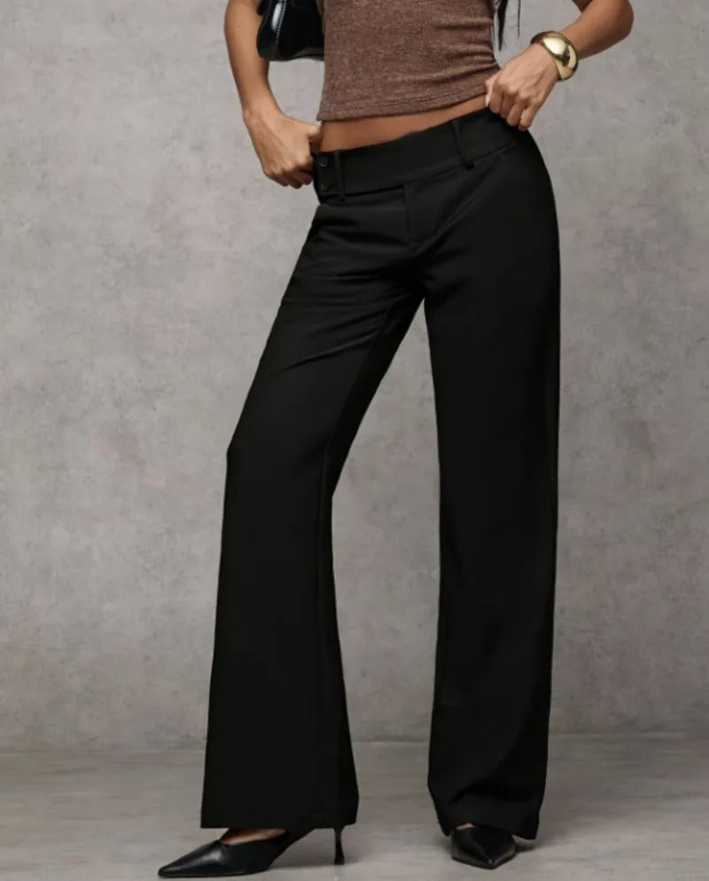 Women's Black Low-Waist Flare Wide-Leg Trousers
