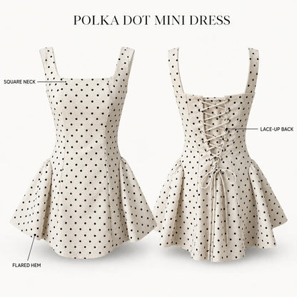 Women's Polka Dot Square Neck Lace-Up Mini Dress