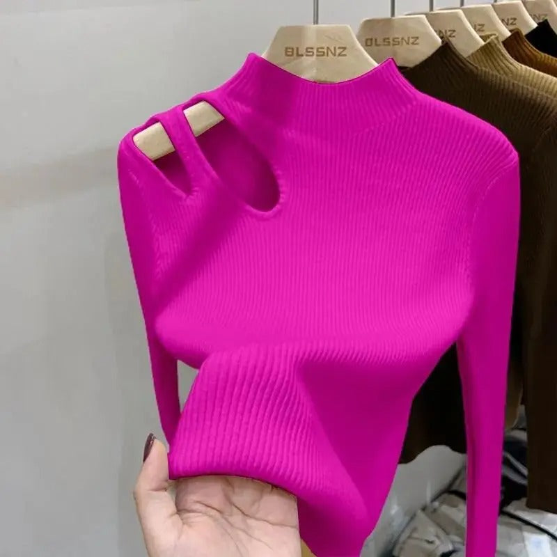 Women's Ribbed Hollow-Out Turtleneck Sweater