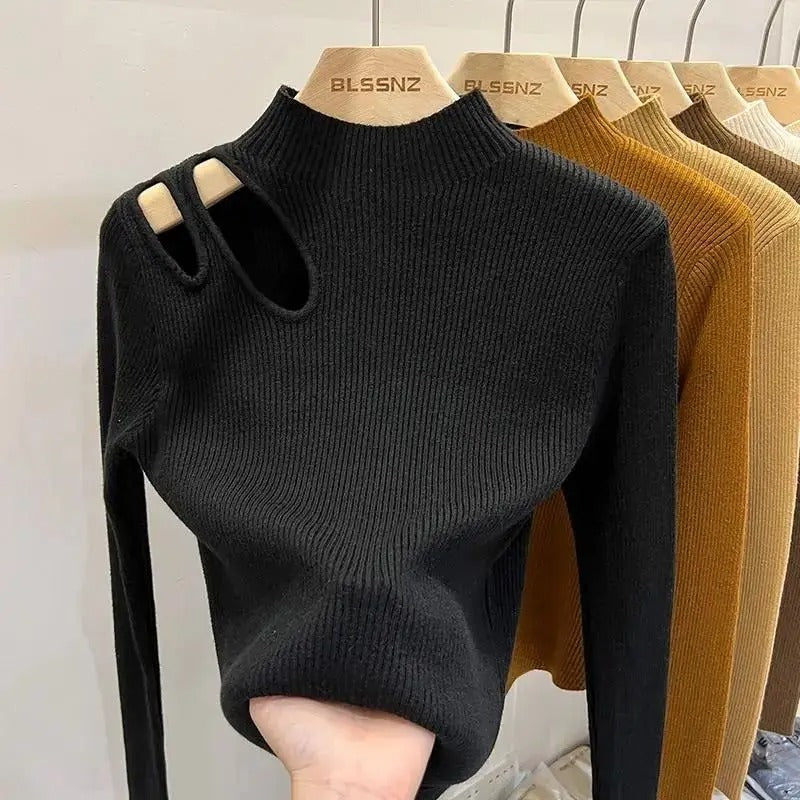 Women's Ribbed Hollow-Out Turtleneck Sweater